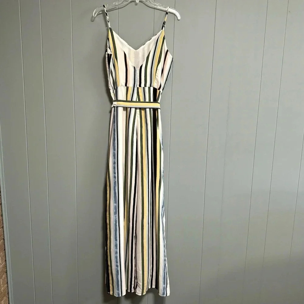 STRUT & BOLT Strappy V-neck Split Legs Multicolor Stripe Jumpsuit Size Medium - Picture 3 of 8